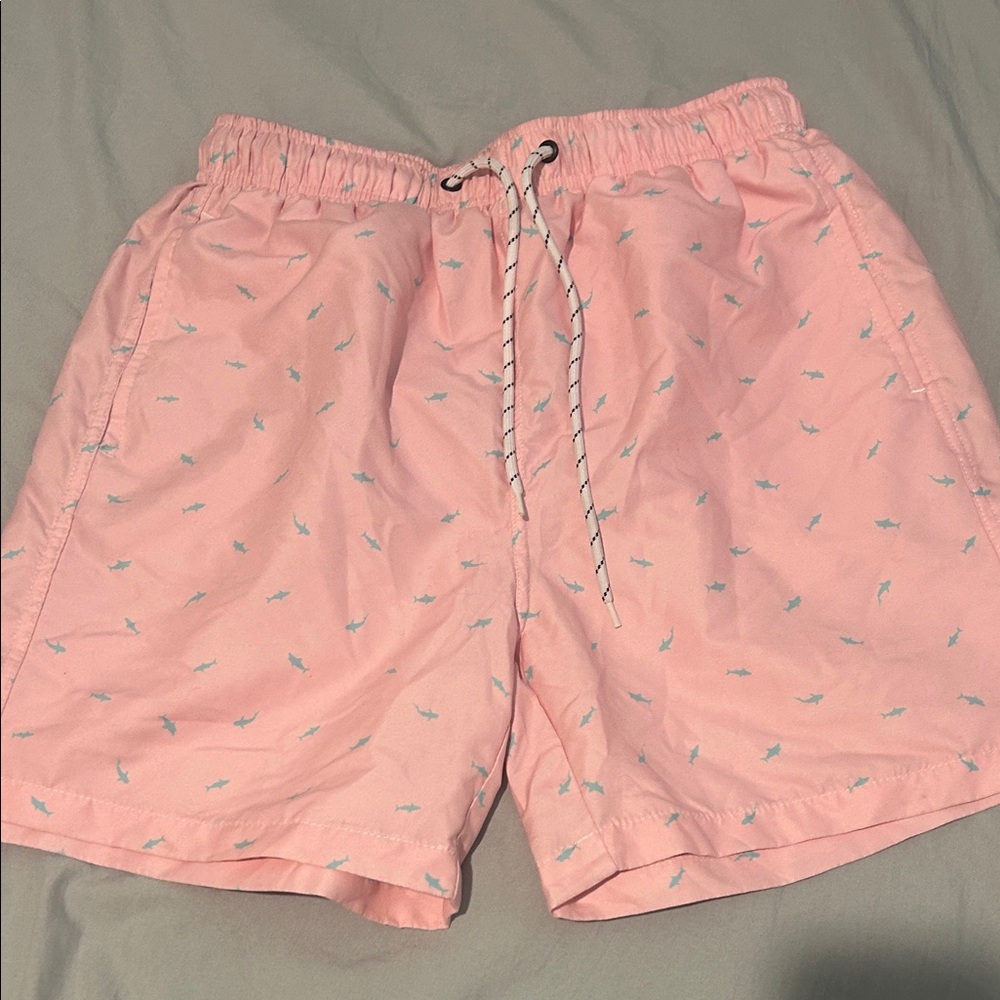 SHEIN Light Pink Swim Trunks with Shark Design